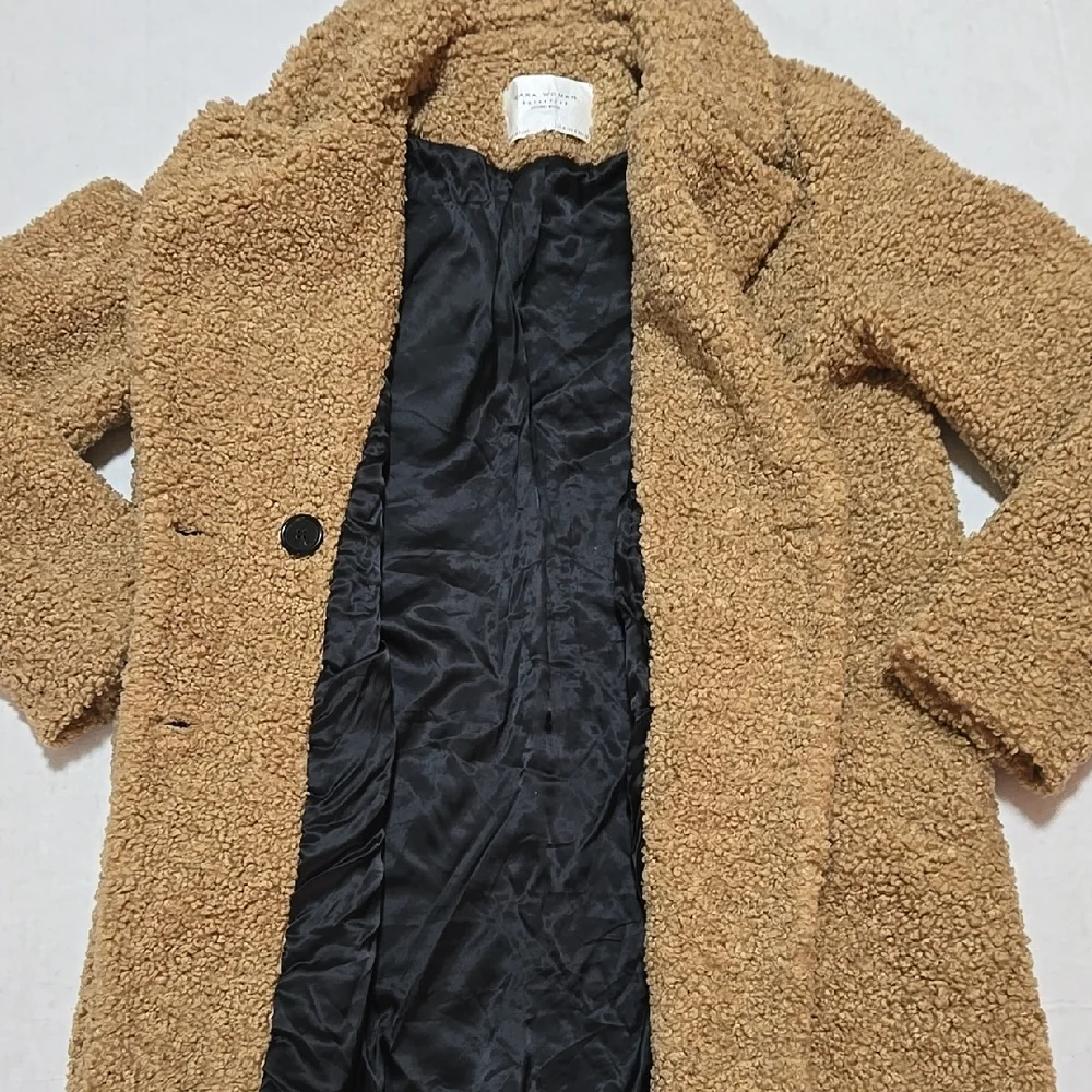Zara Women's Tan Double-Breasted Teddy Coat Size M-L - Picture 9 of 13